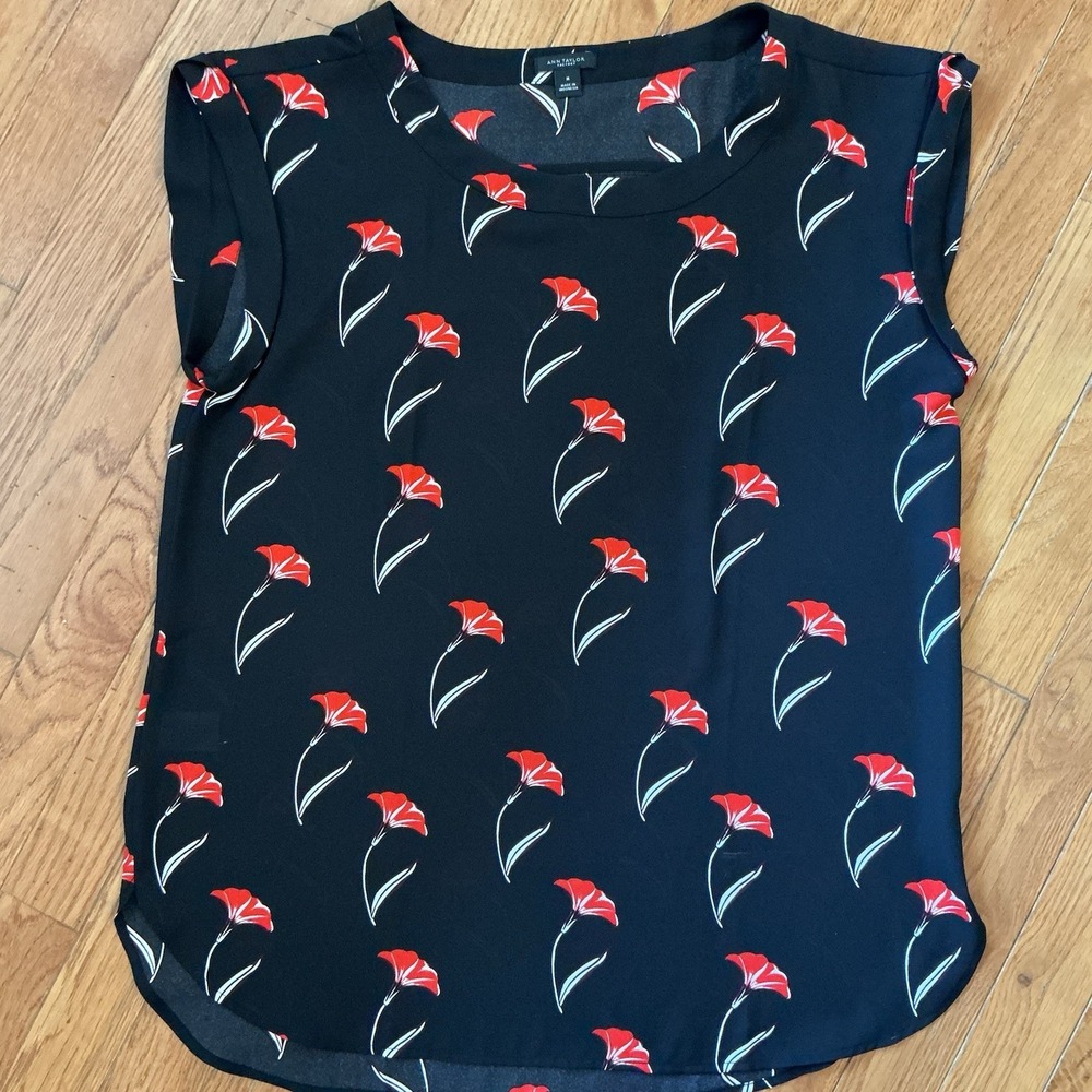 Ann Taylor Womens Medium Tank Top Blouse Sleeveless Floral Black Red